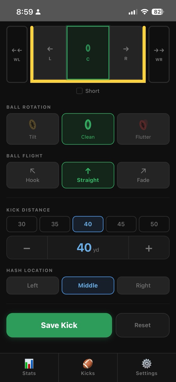 FGK Kick Tracker Practice App Dark Mode